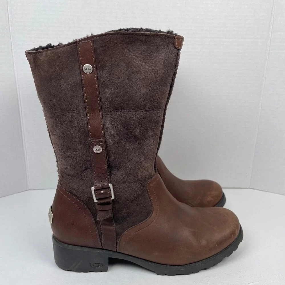 UGG Australia Bellevue Moto Boots Women 9.5 Brown Leather Suede Shearling Biker